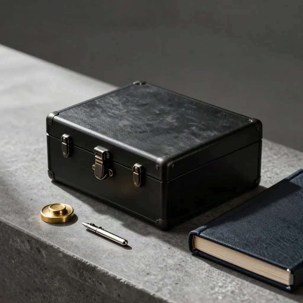 Black evidence box, brass seal press, file clip and bound case volume on stone