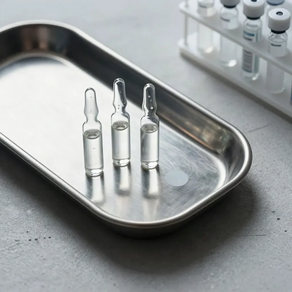 Healthcare ampoules, tray and vial rack on pale concrete with cool dramatic light