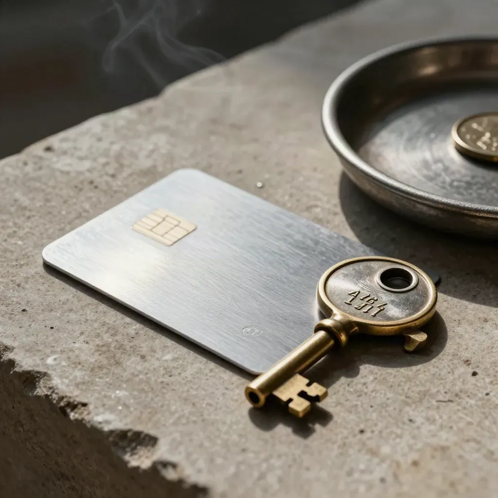 Brass key, silver token, and payment card on brushed stone in low dramatic light.