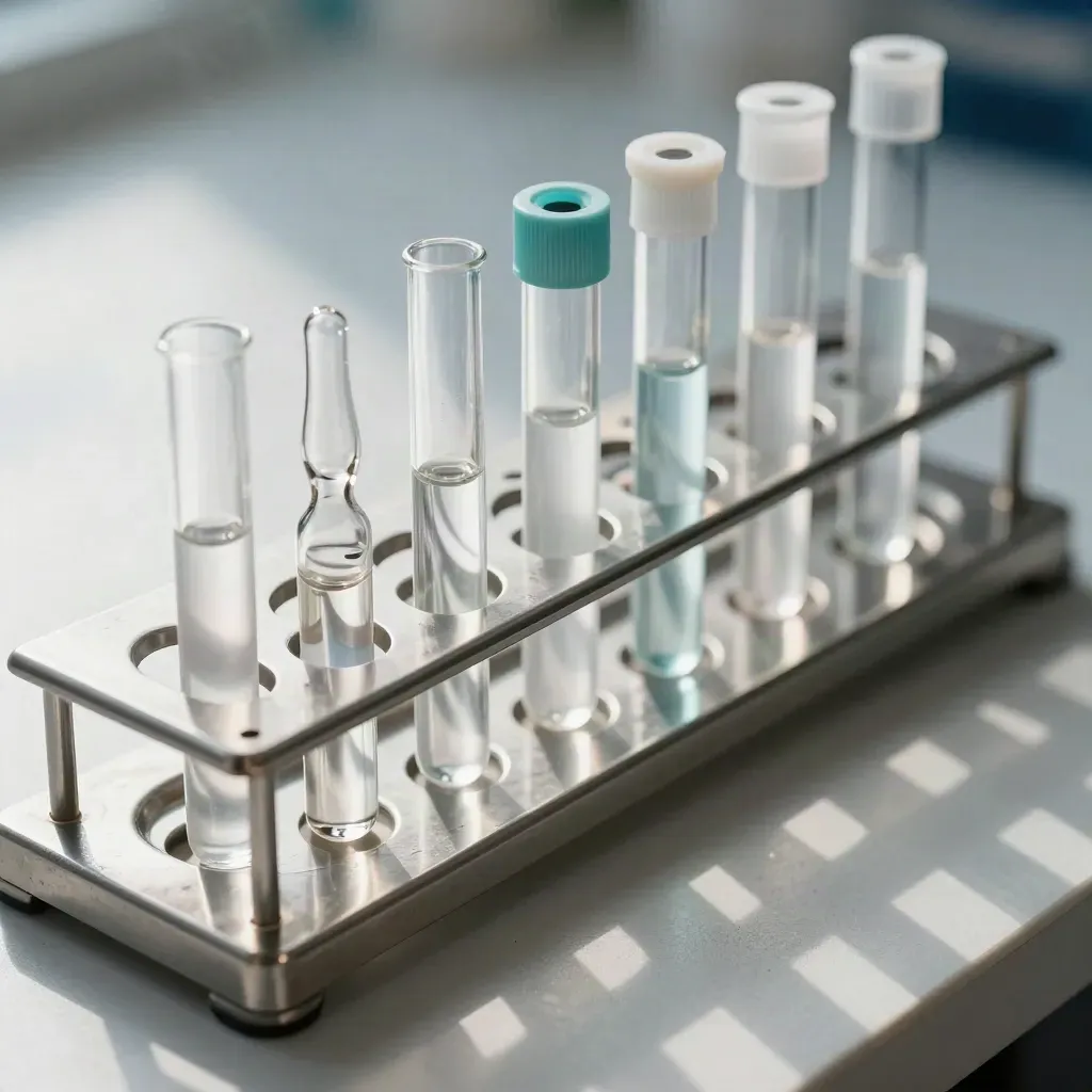 Clinical tubes and ampoules arranged on brushed metal with cool haze and a teal accent.
