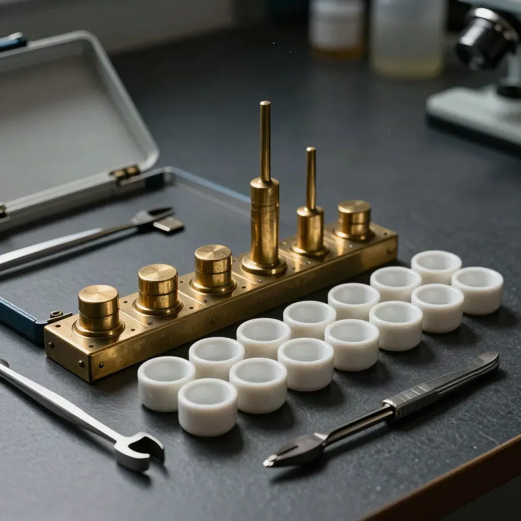 Lab slide cases, brass weights, ceramic cups and forceps on a dark slate bench