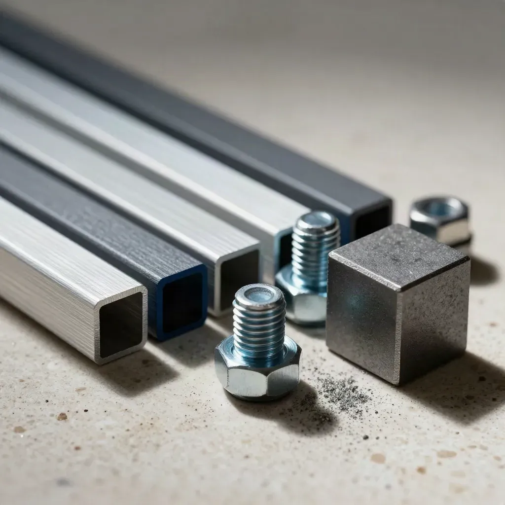 Anodized sample bars, bolts, coupling sleeves and graphite cube on pale stone.