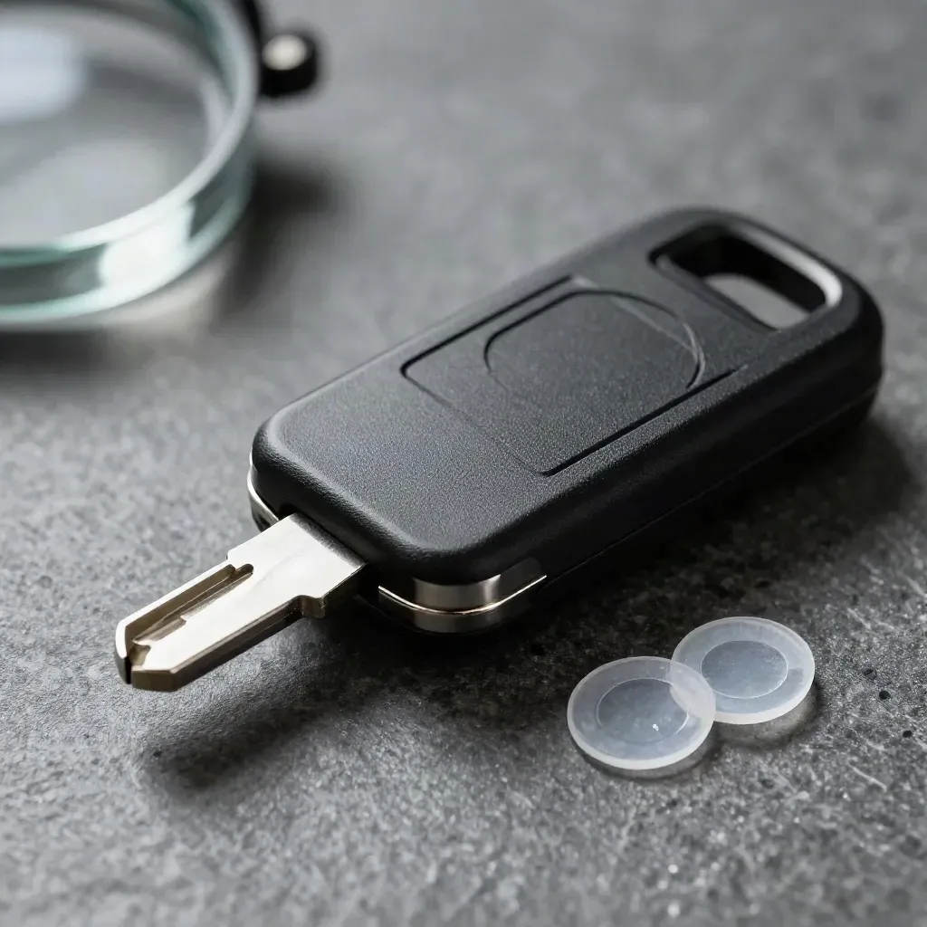 Matte-black security key beside a closed SSD caddy and two tamper seals