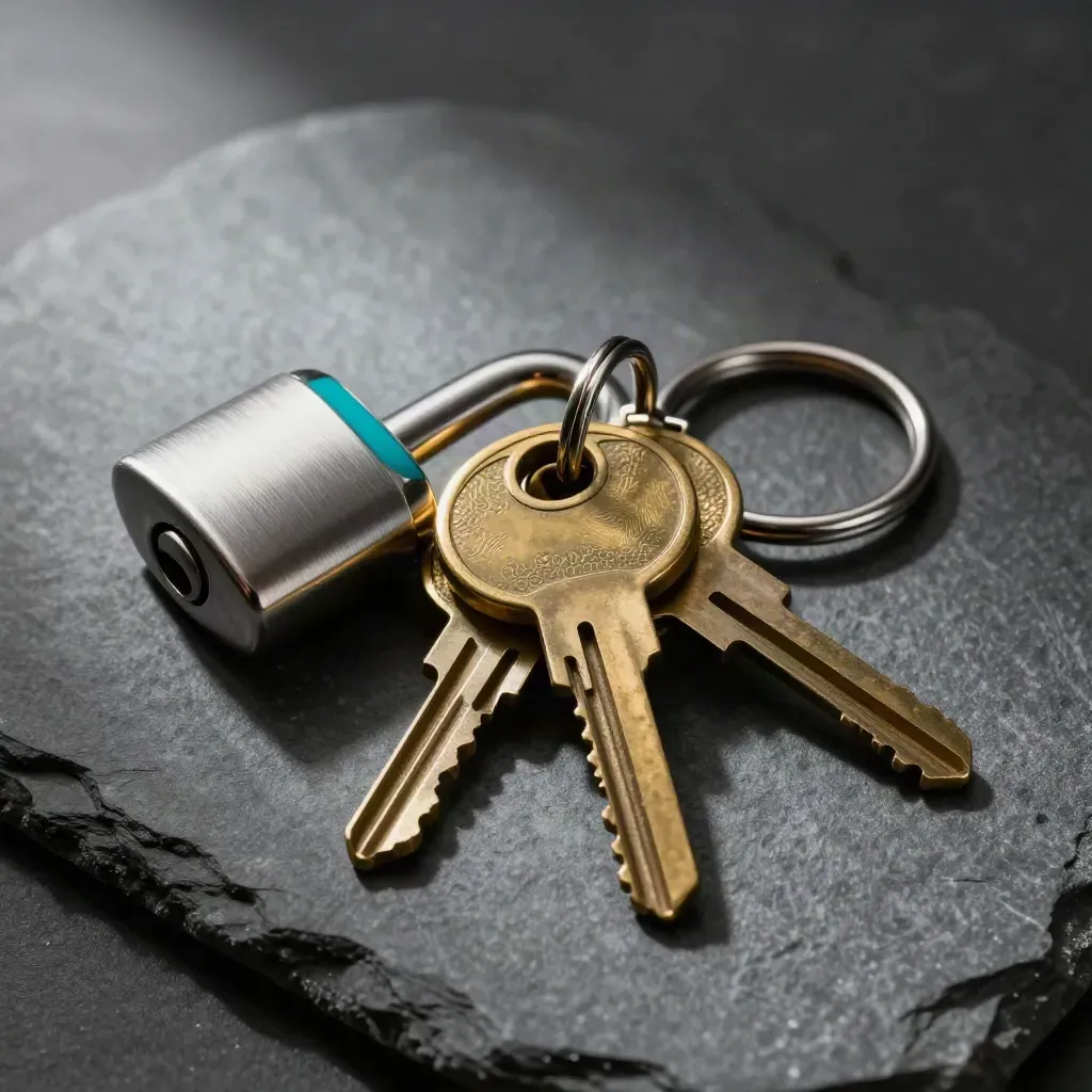 Brass key fobs, lockable drive capsule and steel ring tray on graphite stone with teal accent.