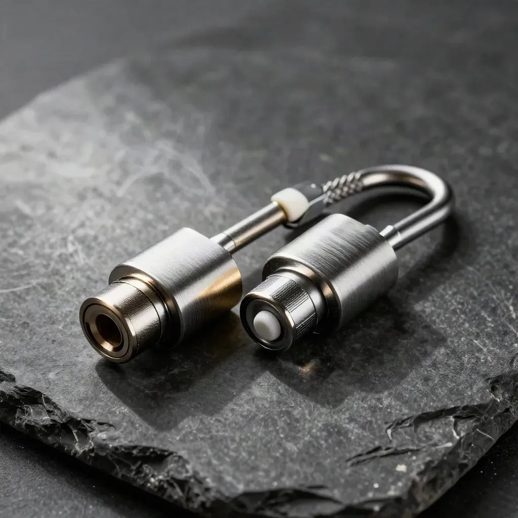 Steel lock connector, split-ring coupler and release clasp on dark stone.