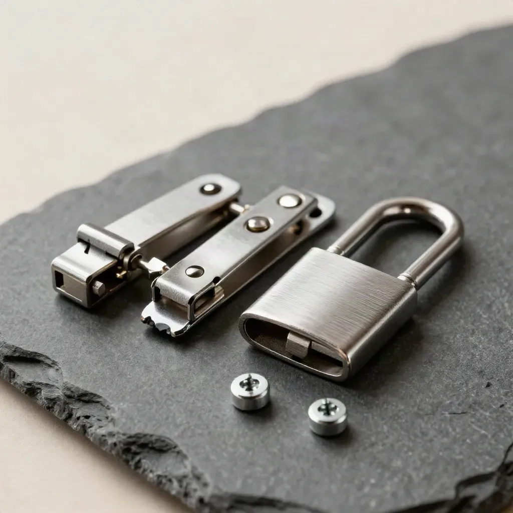 Three brushed-steel gate clips in open, half-latched, and locked states on dark stone.