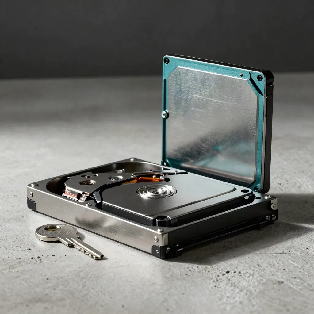 Backup drive cartridge, recovery key and metal vault insert on pale concrete with moody light.