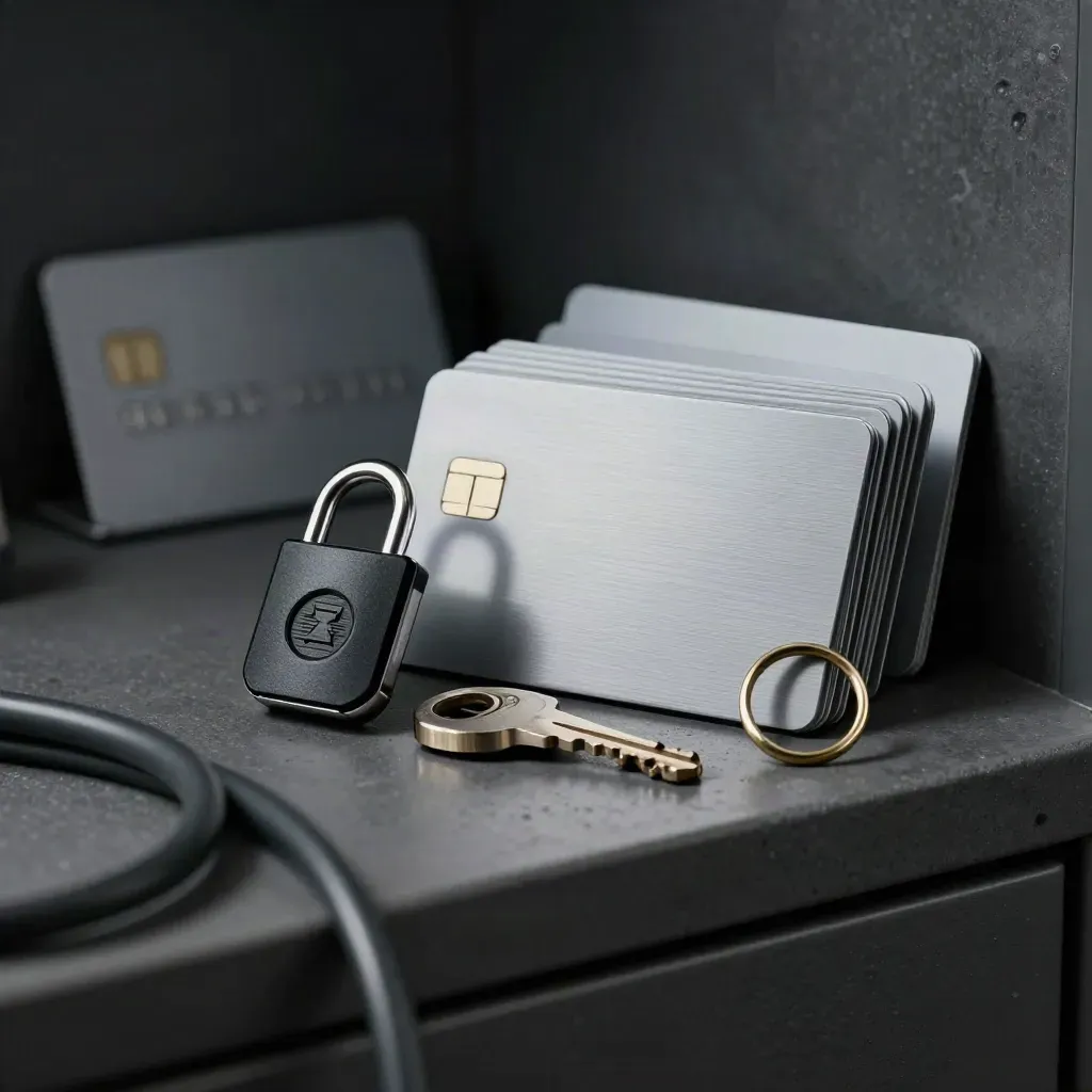 Security token, payment cards, cash drawer key and ring clip on dark graphite concrete.