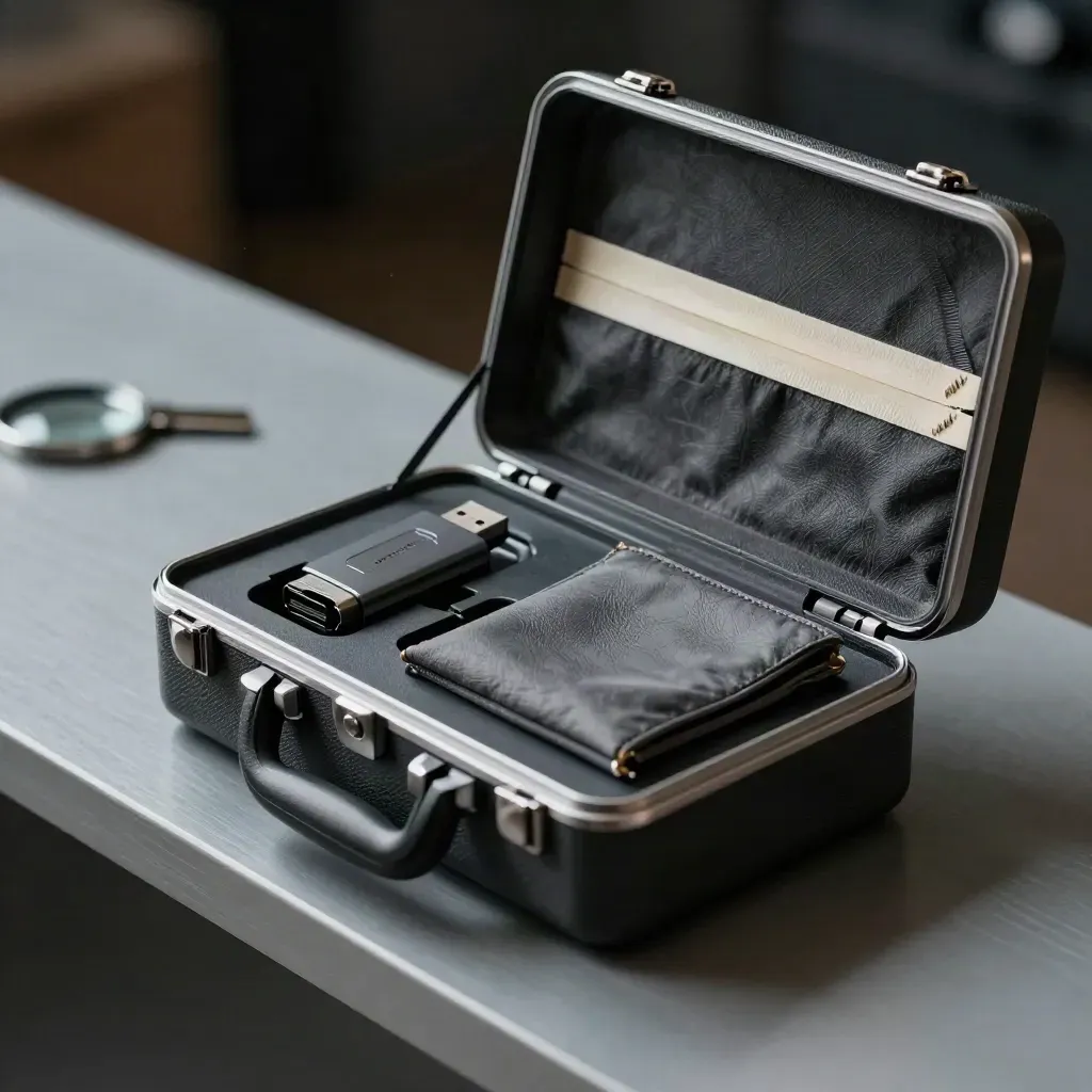 Presentation case, encrypted USB drive, courier pouch and seal strips on a slate handoff shelf.