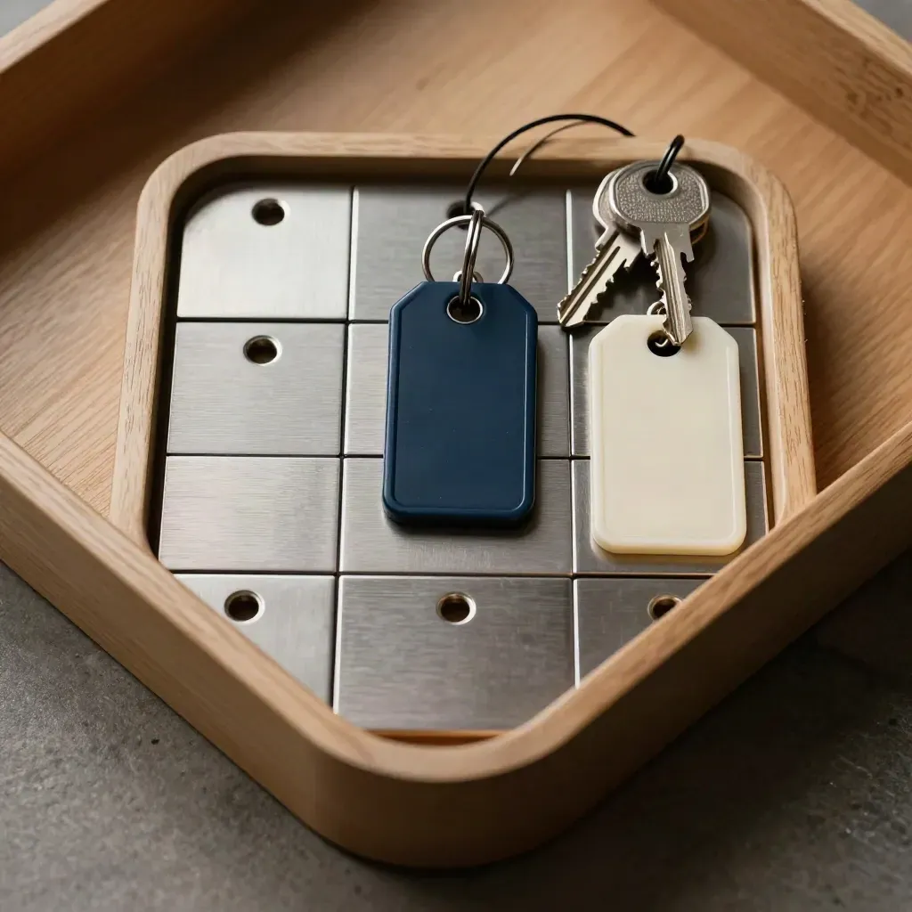 Top-down macro of access tags, keys, and metal dividers in a secure storage tray.