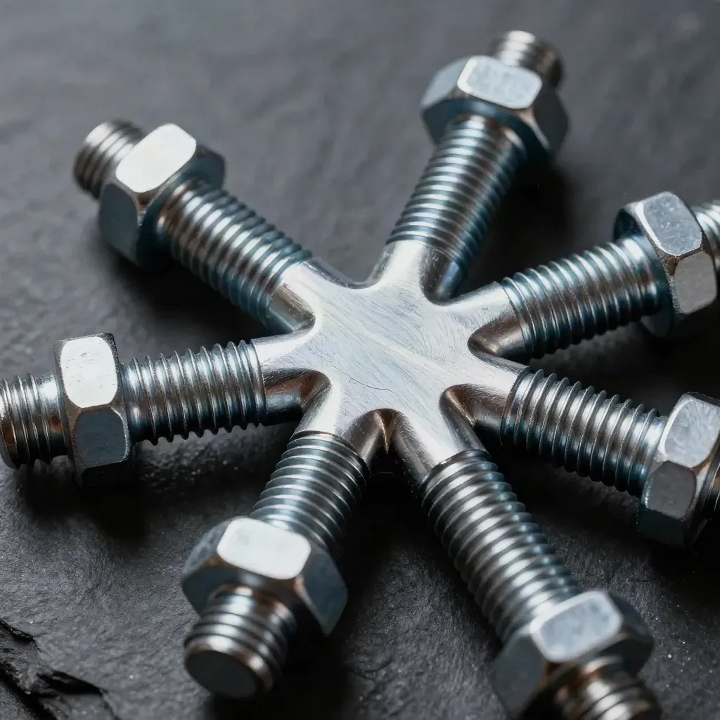 Macro of branching steel connectors and bolts on dark slate with moody light.