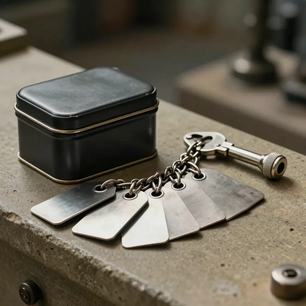 Closed black evidence tin, silver tags, and seal press on a matte stone surface.