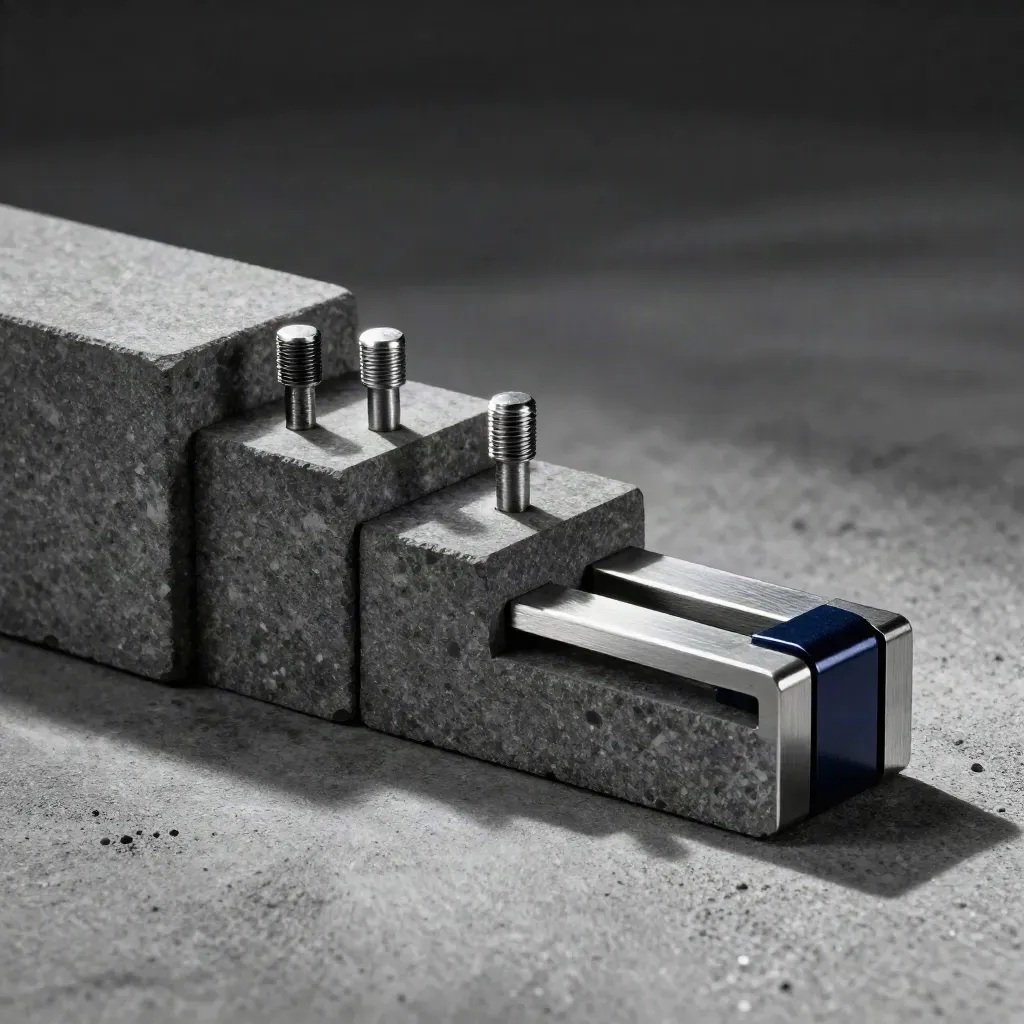 Macro of alignment blocks, locating pins and a rail piece on graphite stone with navy accent