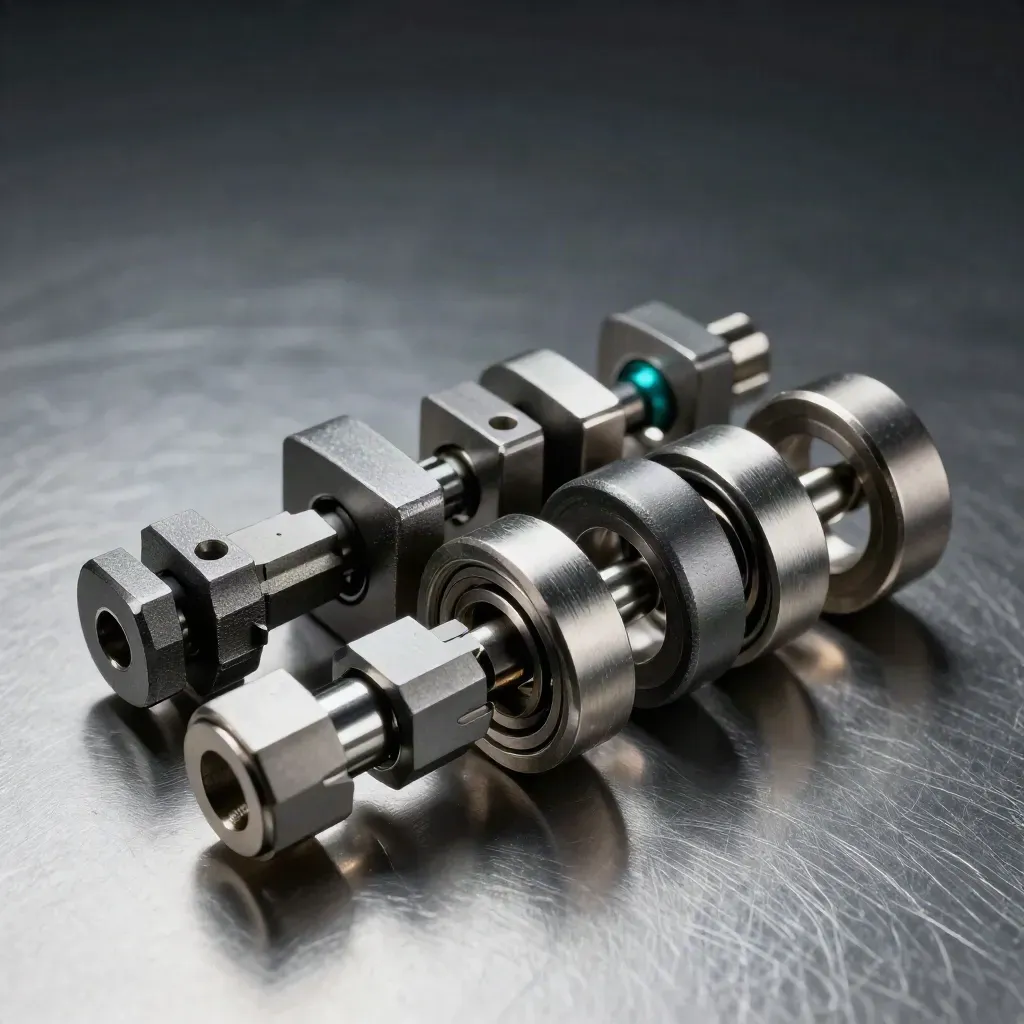 Machined rings and connectors snapping together on brushed metal in dramatic studio light.