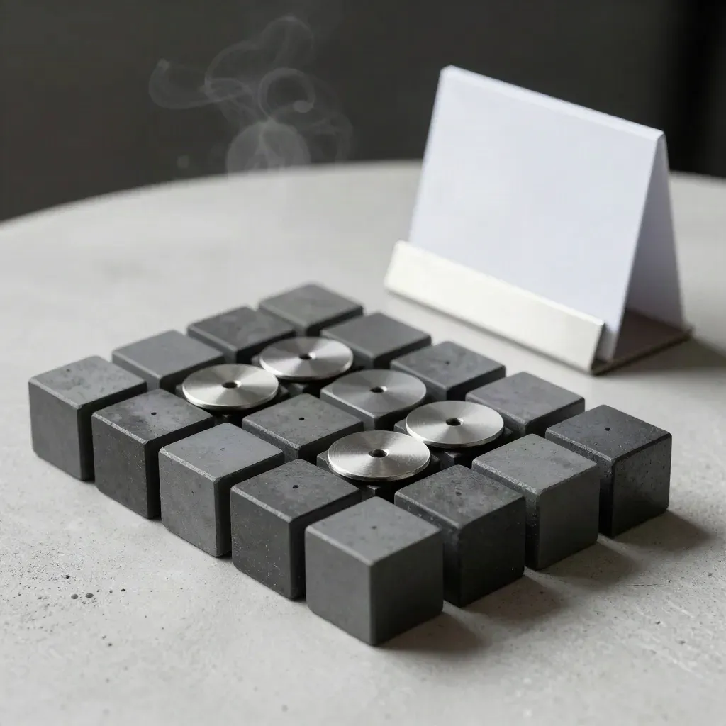 Modular cubes and magnetic discs arranged on concrete with a folded metal stand.