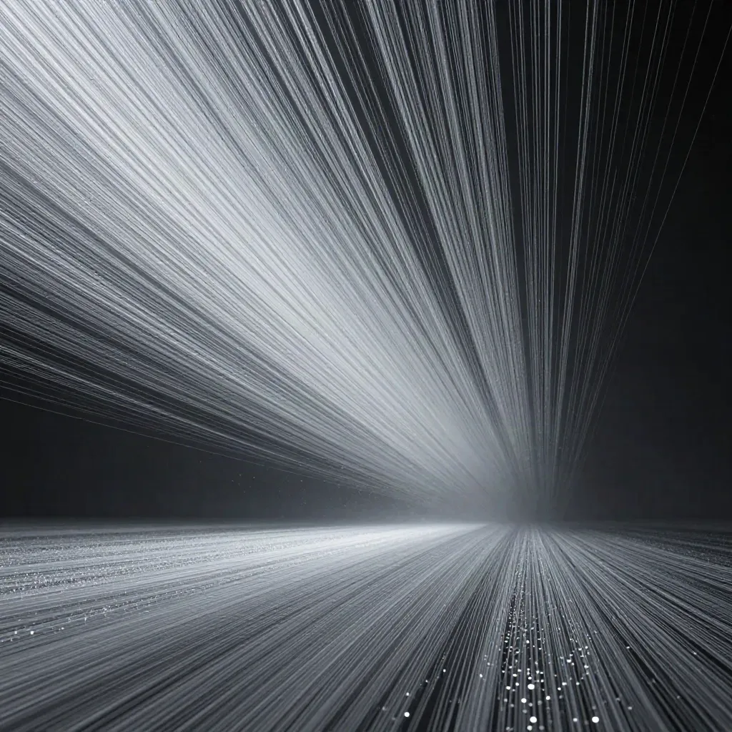 Silver light filaments bloom in graphite haze with calm open space for copy.